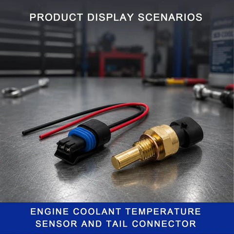 Slick Car Engine Coolant Temperature Sensor With Pigtail Connector, Tough Copper Keeps Your Ride Chill Against Overheating, Hassle Free Bolt On Replacement Fits Chevy Cobalt Aveo Regal OEM 19236568, displayed on a workbench with tail connector.