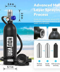 S400 Mini Scuba Tank 1.0L Portable Diving Tank with On Off Valve shown with dimensions and material details on beach background.