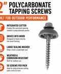 Heavy Duty Polycarbonate Self Drilling Wood Screws Two Inch Outdoor Fasteners With Sealing Dome Washers For Fence And Deck Building Rock Solid Hold No Sweat Install Weatherproof And Rust Resistant Fifty Count image showing a tapping screw with sealing washer for outdoor use.