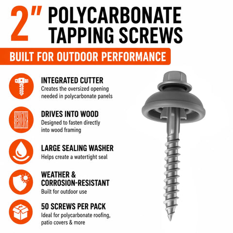 Heavy Duty Polycarbonate Self Drilling Wood Screws Two Inch Outdoor Fasteners With Sealing Dome Washers For Fence And Deck Building Rock Solid Hold No Sweat Install Weatherproof And Rust Resistant Fifty Count image showing a tapping screw with sealing washer for outdoor use.