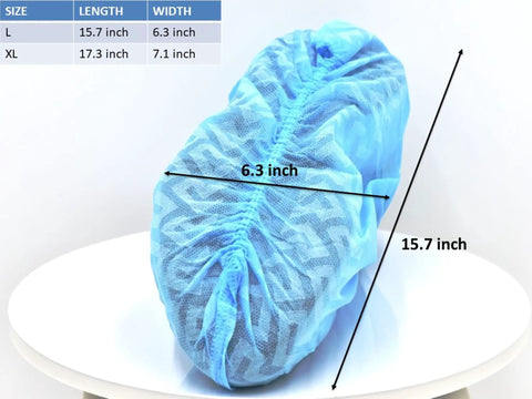 Heavy Duty Waterproof Disposable Shoe Covers With Elastic Band And Non Slip Silicone Sole For Floor Protection Blue XL 100 Pack Fits Men Size 11 And Women Size 13 For Home And Work, showing size dimensions