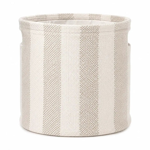 Slick Striped Woven Storage Basket With Beige And White Accents, 11x11 inches, soft texture, ideal for organizing toy chests.