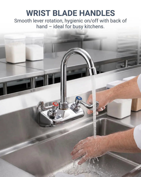 Phivan 4" Wall Mount Brass Kitchen Sink Faucet, 3-1/2" Gooseneck Spout with wrist blade handles in use.