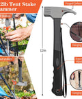 Image of Beefy Heavy Duty 10 Inch Tent Stakes And Hammer Kit 10 Pack With Storage Pouch For Easy Setup And Strong Anchoring hammer.
