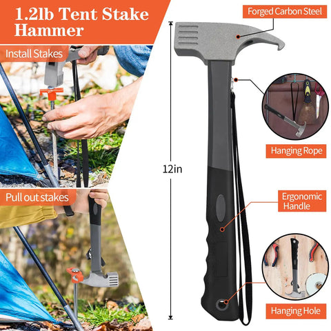 Image of Beefy Heavy Duty 10 Inch Tent Stakes And Hammer Kit 10 Pack With Storage Pouch For Easy Setup And Strong Anchoring hammer.