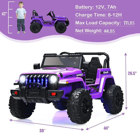 Purple Kids Ride On Car Truck 12V Battery Powered Electric Vehicle With 2.4G Remote Control and LED Headlights