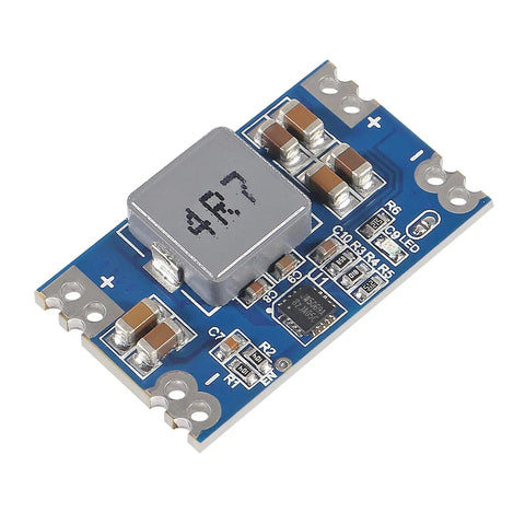 Five Volt Five Amp Mini560 Buck Converter Module for DIY Projects, showing blue circuit board with components, compact size.