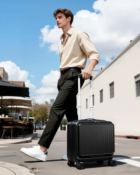 Man walking outside pulling Compact 16 Inch Carry On Luggage With Front Laptop Pocket And TSA Lock With Wheels Airline Approved Hard Shell Suitcase For Travel Front Access Compartment Fits A 15.6 Inch Laptop Lightweight Durable Black Lekebobor.