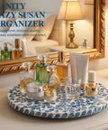 Two Pack Mother Of Pearl Lazy Susan Turntable Set With Blue Wicker 12 And 13 Inch Rotating Trays for organizing vanity essentials.