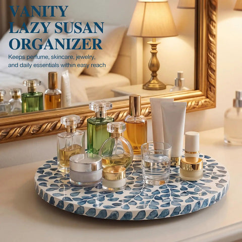 Two Pack Mother Of Pearl Lazy Susan Turntable Set With Blue Wicker 12 And 13 Inch Rotating Trays for organizing vanity essentials.