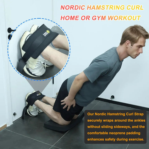 Man using Nordic Hamstring Curl Strap With Adjustable Length And Oversized Foam Stopper For Home Gym Workouts