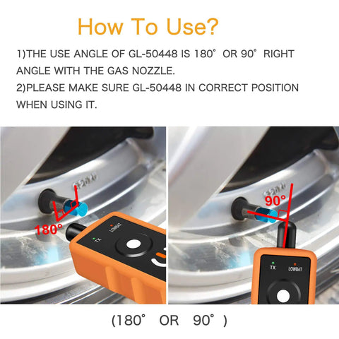 No Sweat TPMS Relearn Scanner For Gm Chevy Buick Gmc Cadillac tire pressure reset in 180 and 90 degree use angles.