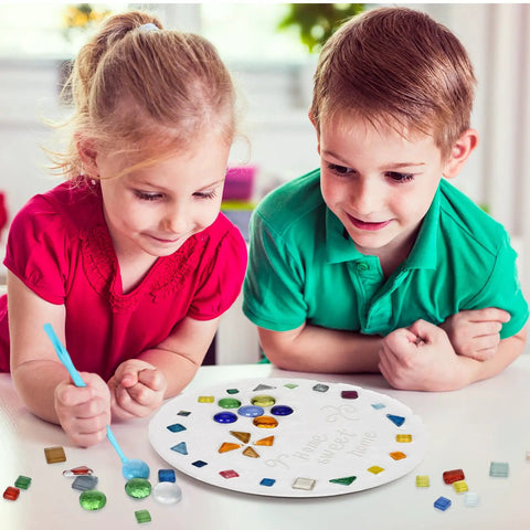Children using DIY Stepping Stone Kit With 20 Round Molds 250g Mosaic Tiles And 3 Carving Tools For Kids And Family Garden Decor