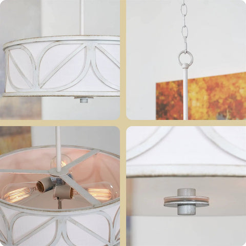 Eloise 16 Inch 3 Light Modern Pendant Light Chandelier with Drum Shade and Glass Diffuser, antique white details and chain