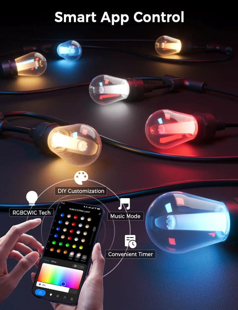 123 Ft Outdoor Color Changing String Lights With RGB CWIC LEDs, app and wifi control, smart app interface shown on phone screen