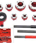Heavy Duty Ratcheting Pipe Threader Kit Set With Seven Dies From Three Eighths To Two Inches with red and silver metal dies and rods.