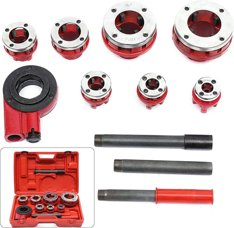 Heavy Duty Ratcheting Pipe Threader Kit Set With Seven Dies From Three Eighths To Two Inches with red and silver metal dies and rods.