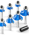 Top Tier Seven Piece Roundover Router Bit Set Featuring Quarter Inch Shafts And Razor Sharp Carbide Tips for woodworking and edge smoothing.