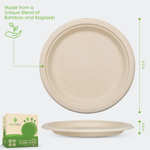 100 Percent Compostable 9 Inch Paper Plates For Parties, eco-friendly bamboo and bagasse plates with box packaging.