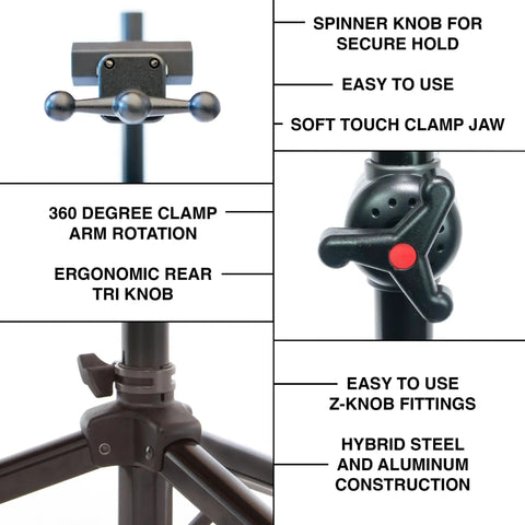 Pro Grade Bike Repair Stand With 360 Degree Clamp And Spinner Knob For Precise Closure, steel and aluminum construction detail