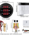 MAIMEIMI 3-in-1 automotive gauge front view: round black dial with red digital readouts for PSI, temp, and volt; includes sensors and wiring harness.