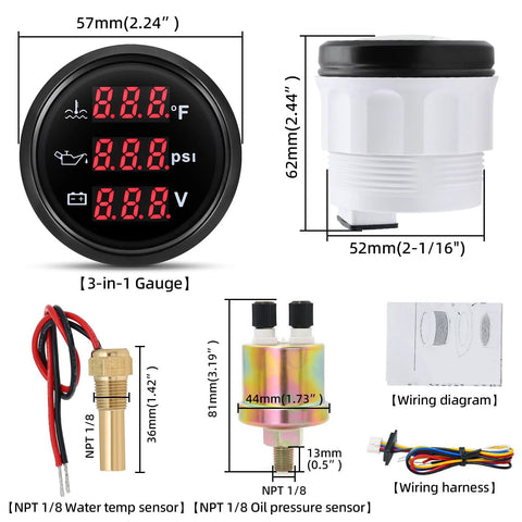 MAIMEIMI 3-in-1 automotive gauge front view: round black dial with red digital readouts for PSI, temp, and volt; includes sensors and wiring harness.
