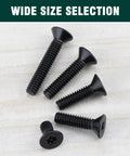 6 32 X 3 4 Inch Black Flat Head Security Torx Screws 304 Stainless Steel 100 Pack With Matched S2 Bit shown in various sizes.