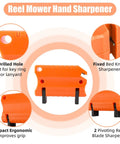 Orange mower blade sharpener kit for reel mowers with dual sharpening slots, ergonomic design, and drilled hole for key rings.