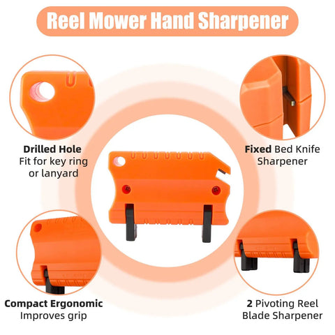 Orange mower blade sharpener kit for reel mowers with dual sharpening slots, ergonomic design, and drilled hole for key rings.