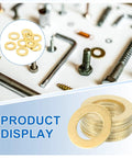 Workhorse Brass Flat Washers 18 Pack M10 Crush Gasket Rings on a display with various screws and tools.