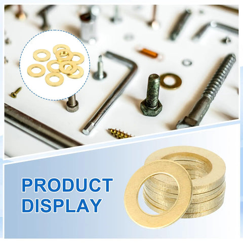 Workhorse Brass Flat Washers 18 Pack M10 Crush Gasket Rings on a display with various screws and tools.