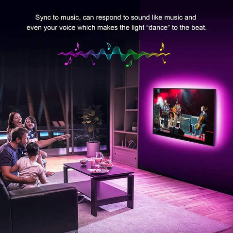 Family enjoying LED Strip Light Kit With Music Sync Sixteen Point Four Feet USB Powered Waterproof RGB 5050 Color Changing LED Strip With Remote TV Backlights For Home Decor TV PC Mirror around TV