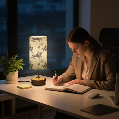 Cowboy Watercolor Decor Bedside Lamp With 3-Way Dimmable Touch Control And Built-In Charging Station on desk with woman writing