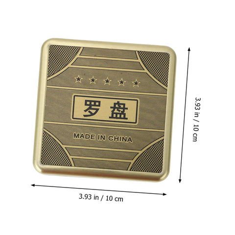 Close-up of Small 10cm Alloy Feng Shui Compass With Flip Cover showing top lid with Chinese characters and 'Made in China' text.