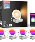 Smart 4 Inch Canless LED Recessed Light Kit, 9W 780 Lumen Color Changing Downlight With Wi-Fi Bluetooth, Soffit Lighting, J-Box Ready, Works With Alexa And Google Assistant, 4 Pack showing lights and control box with smartphone app.