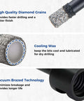 Diamond core drill bits, 2 pcs, 1/4 in diameter for tile; diamond grains, cooling wax, vacuum-brazed tip.