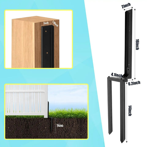 Two Pack Heavy Duty Fence Post Repair Kit With Black Powder Coated Post Anchors For Tilted Or Broken Wood Fence Posts Universal Fit Sturdy Carbon Steel Construction Easy Install Long Lasting Fence Fix with dimensions
