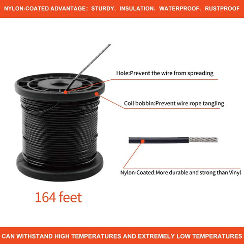 164 ft spool of nylon-coated stainless steel wire from All In One Outdoor Globe String Light Kit With 164 Ft Nylon Coated Stainless Steel Wire Rope Cable Turnbuckles And Hooks For Easy Indoor Or Outdoor Hanging, Romantic Party Decor And Photo Or Clothes Hanging, Complete Accessory Set showing rope and coil bobbin details.