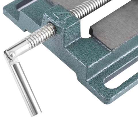 Close-up of Heavy Duty Drill Press Vise For Milling Machines, iron body with guided jaw movement, 4 inch opening detail.