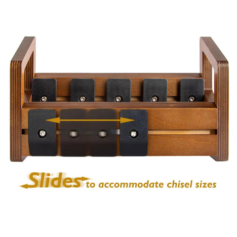 Modular Chisel Storage Rack for Woodworking Workshop Organization with customizable compartments shown sliding feature