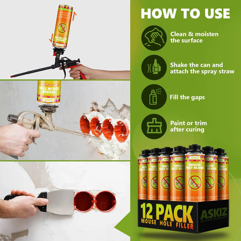 Tough As Nails Mouse Proof Expanding Foam Sealant, Pro Grade Rodent Blocker Spray For Wall Gaps And Cracks, application process with spray can.
