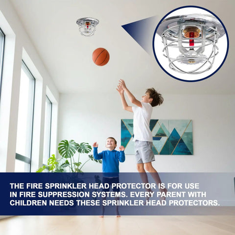 Children playing basketball under a Heavy Duty Fire Sprinkler Head Guard Covers 8 Pack Compatible With One Half Recessed Ceiling And Sidewall Sprinklers.