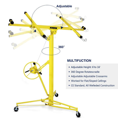 Heavy Duty Drywall Lift Panel Hoist For 16Ft Ceilings And 19Ft Walls with adjustable arms and caster wheels
