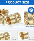 Image showing 46 Pcs M4 Brass Heat Set Inserts For 3D Printing And Plastic, Female Knurled Threaded Inserts For Laptops And Electronics, M4x5.5x4Mm, displaying close up of brass material and knurling texture.