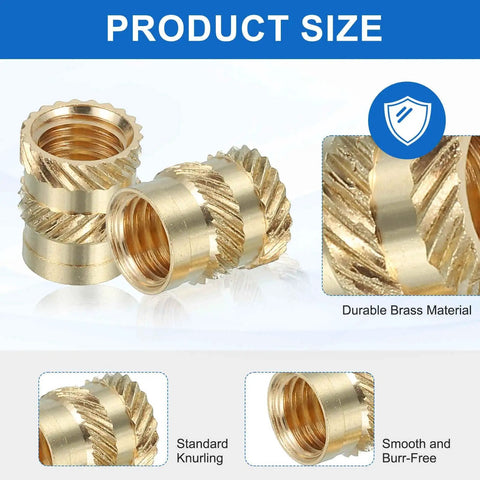 Image showing 46 Pcs M4 Brass Heat Set Inserts For 3D Printing And Plastic, Female Knurled Threaded Inserts For Laptops And Electronics, M4x5.5x4Mm, displaying close up of brass material and knurling texture.