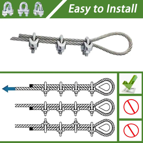 30 Piece One Eighth Inch Galvanized Wire Rope Clamps U Bolt Cable Fasteners with installation guide for marine and outdoor rigging