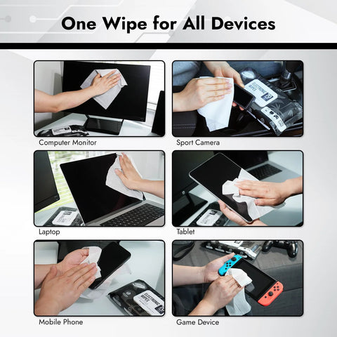 Air Jungles electronic screen cleaner wipes; six devices shown; 70-count, extra large 8x10 in, no cloth needed