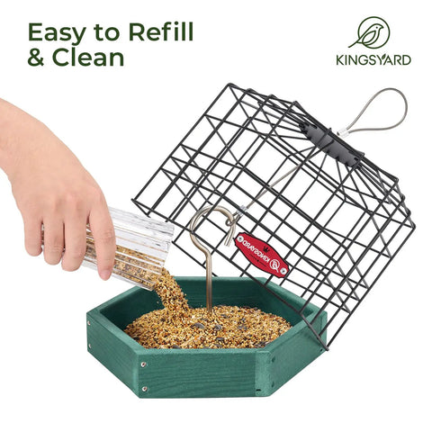 Hand refilling Ultra Sturdy Squirrel Proof Platform Bird Feeder for Outdoor Hanging 10 Inch Wide Metal Cage With Seed Tray