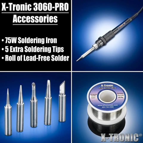 Pro Grade 75W Soldering Iron Station Kit With 5 Extra Tips and Roll of Lead-Free Solder shown with close-up accessories