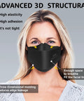 Woman wearing black KN95 Face Masks 50 Pack Breathable Comfort Disposable Respirator Masks For Daily Use Black High Filtration Efficiency Over 95 Percent Lightweight Yet Protective Great For Work Travel And Everyday Safety On The Go